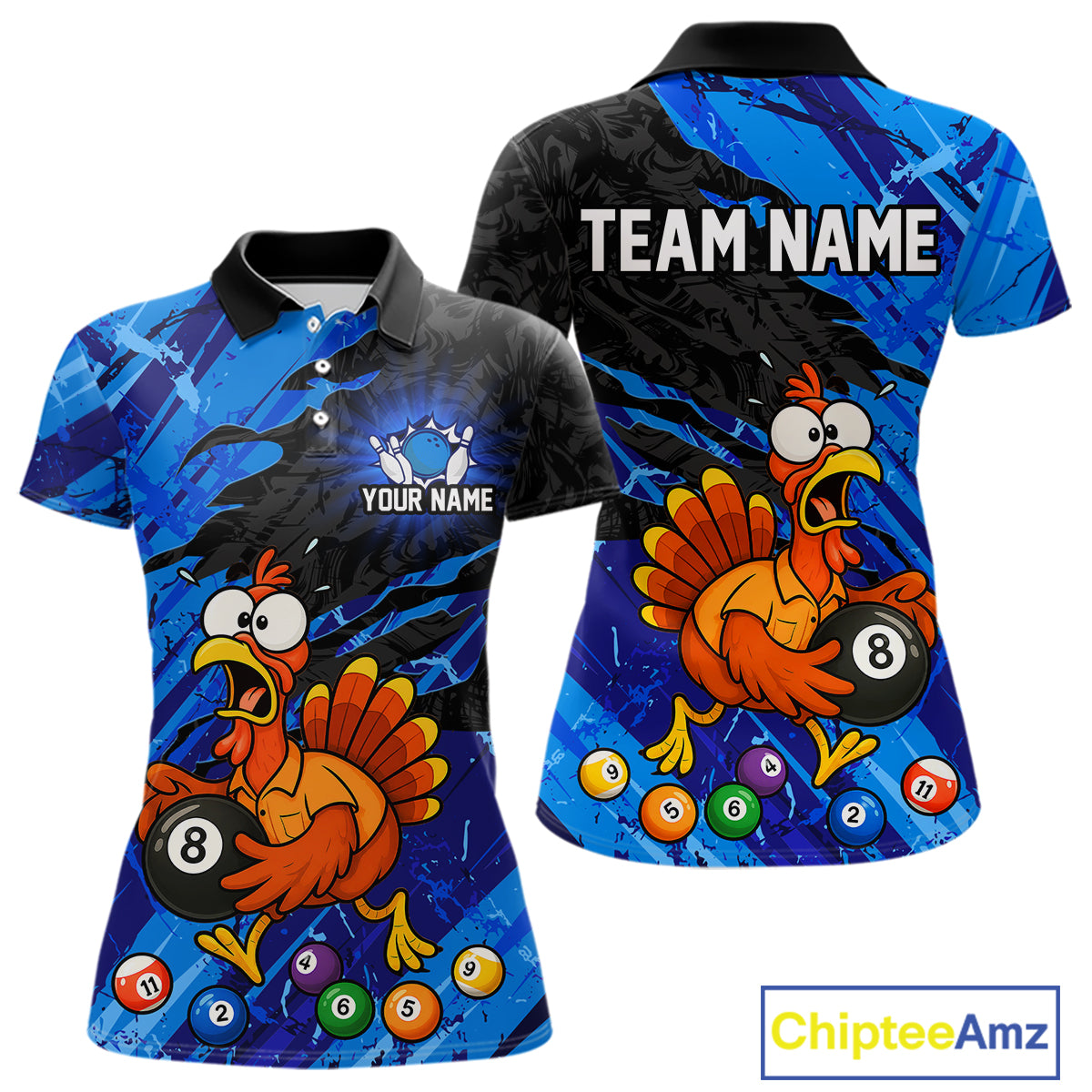 Custom short-sleeve polo shirt shown from front and back on a white background. The shirt features a blue and black abstract background with a cartoon turkey holding an 8-ball billiard ball, colorful numbered balls, and customizable text placeholders 'YOUR NAME' and 'TEAM NAME'.