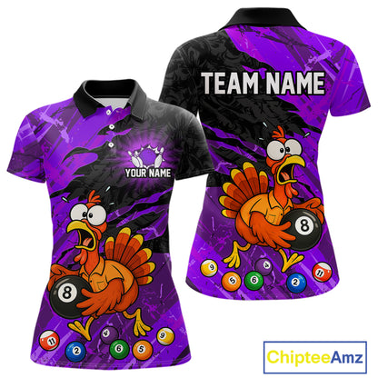 A custom printed short-sleeve polo shirt shown from both front and back views. The design features a vibrant purple and black background with a cartoon turkey holding an 8-ball pool bill, colorful pool balls, and customizable text placeholders 'YOUR NAME' and 'TEAM NAME'.