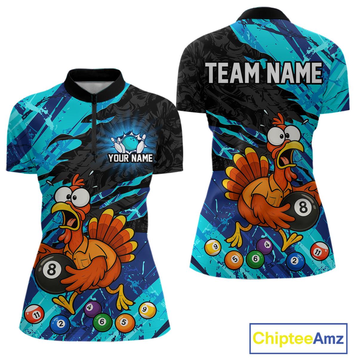 Front and back views of a short-sleeve polo shirt with a cyan and black abstract background and a cartoon turkey graphic holding a 8-ball. The front has a mock collar and placeholder text, while the back has 'TEAM NAME' text.