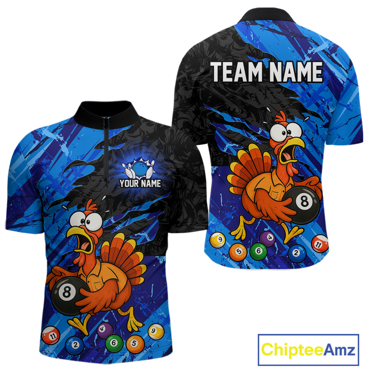 Custom short-sleeve quarter-zip jersey shown from the front and back, featuring a blue and black abstract background with a cartoon turkey holding an 8-ball pool bill, colorful pool balls, and customizable text areas reading 'YOUR NAME' and 'TEAM NAME'.