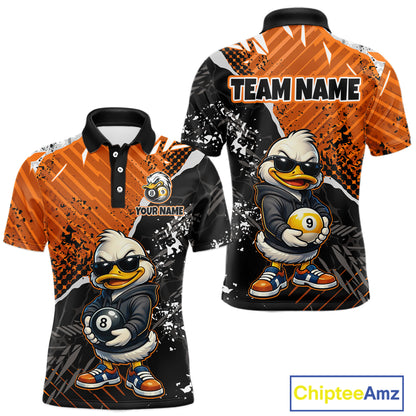 Front and back views of a custom short-sleeve polo shirt featuring a cartoon duck character wearing sunglasses and holding billiard balls, with orange and black splatter graphics. The front shows 'YOUR NAME' and the back shows 'TEAM NAME'.