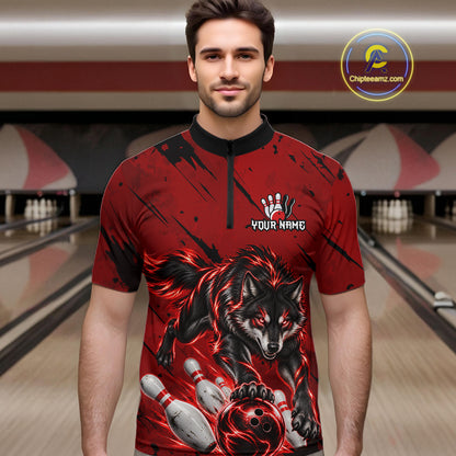 Custom Black and Red Bowling Shirt for Men Wolf Bowling Jersey for Team Bowling Outfit QZT1360