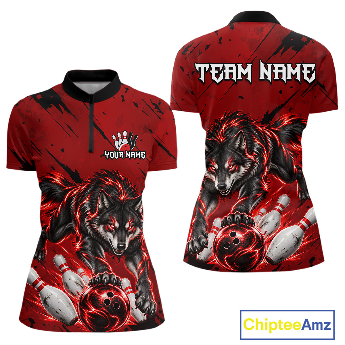 Custom Black and Red Bowling Shirt for Women Wolf Bowling Jersey for Team Bowling Outfit QZT1360