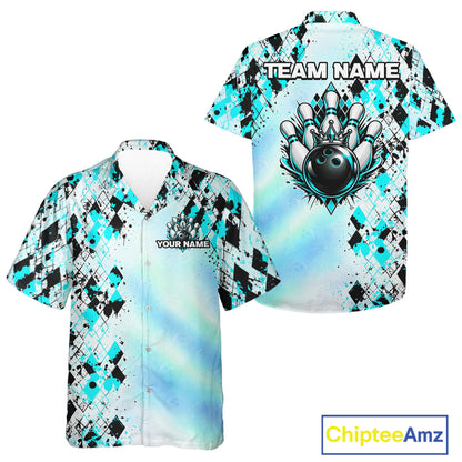 Custom Aurora Gradient Bowling Hawaiian Shirt for Men Women Teal Argyle Bowling Button Up Shirt QZT1361