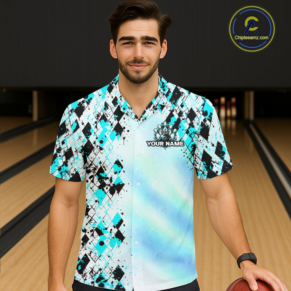 Custom Aurora Gradient Bowling Hawaiian Shirt for Men Women Teal Argyle Bowling Button Up Shirt QZT1361