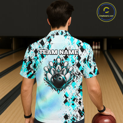 Custom Aurora Gradient Bowling Hawaiian Shirt for Men Women Teal Argyle Bowling Button Up Shirt QZT1361