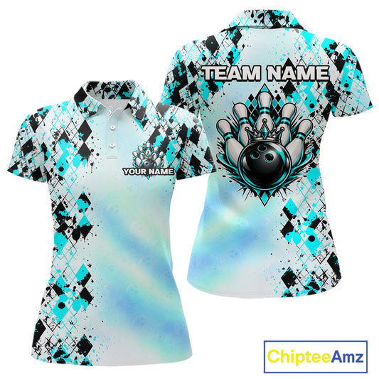 Custom Aurora Gradient Bowling Shirt for Women Teal Argyle Bowling Jersey Bowling Outfit QZT1361