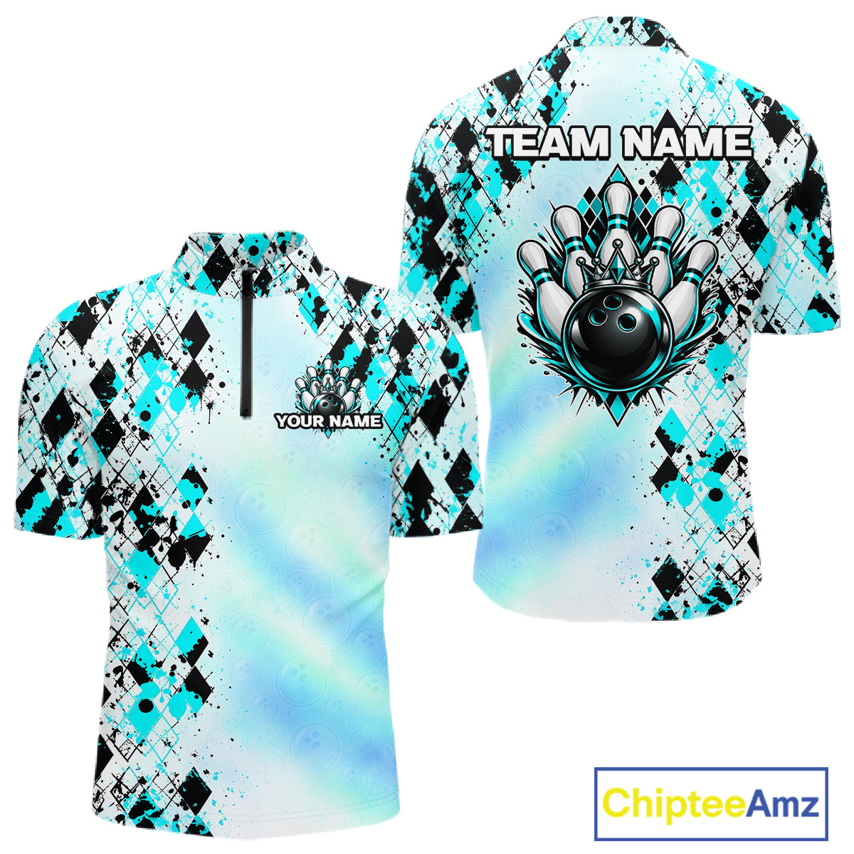 Custom Aurora Gradient Bowling Shirt for Men Teal Argyle Bowling Jersey Bowling Outfit QZT1361