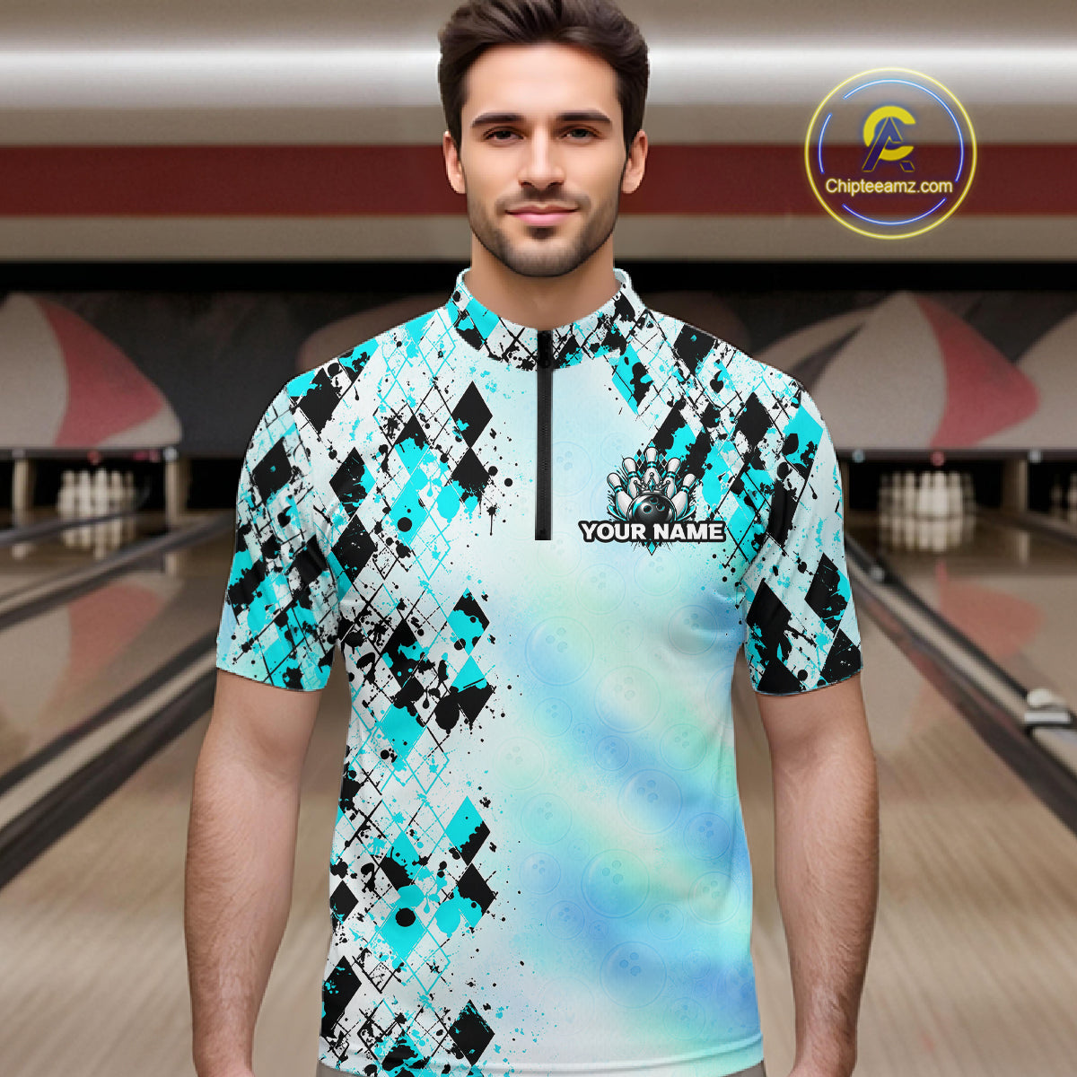 Custom Aurora Gradient Bowling Shirt for Men Teal Argyle Bowling Jersey Bowling Outfit QZT1361
