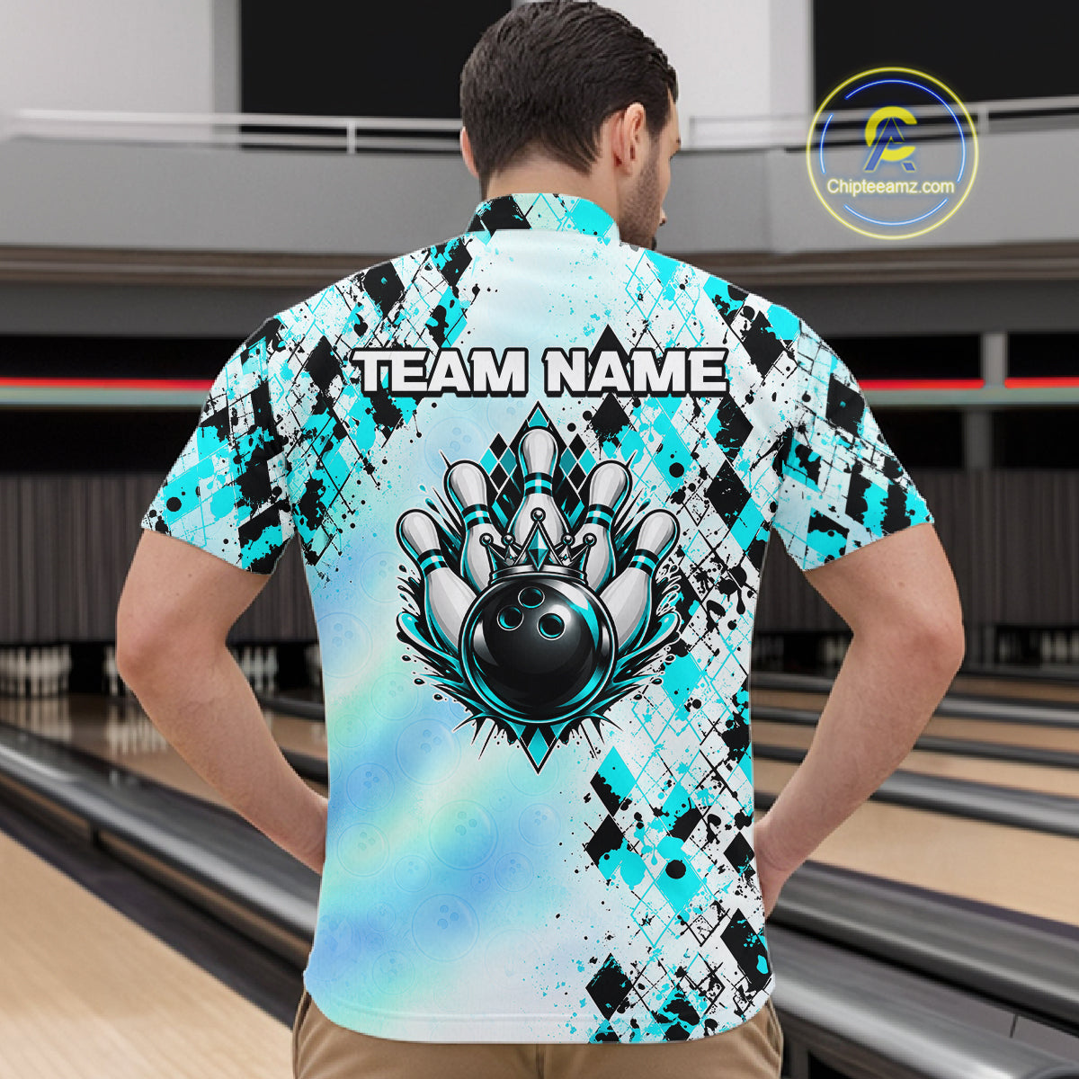 Custom Aurora Gradient Bowling Shirt for Men Teal Argyle Bowling Jersey Bowling Outfit QZT1361