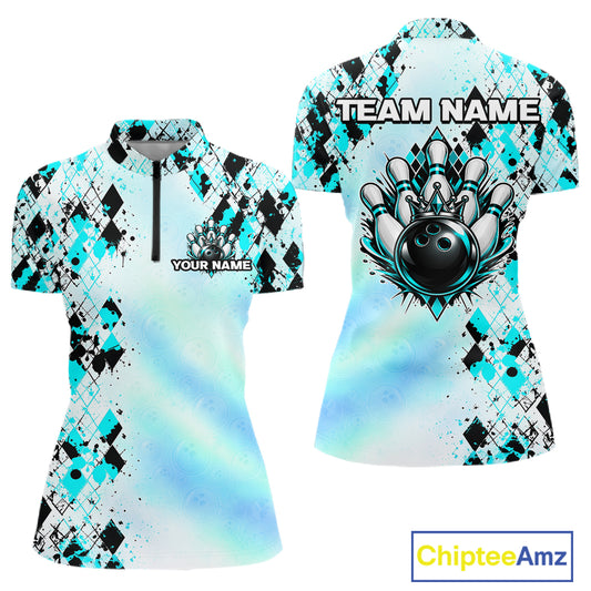 Custom Aurora Gradient Bowling Shirt for Women Teal Argyle Bowling Jersey Bowling Outfit QZT1361