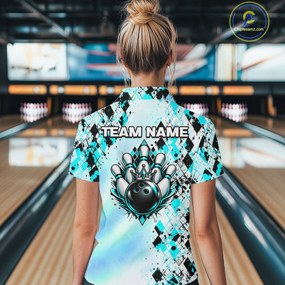 Custom Aurora Gradient Bowling Shirt for Women Teal Argyle Bowling Jersey Bowling Outfit QZT1361