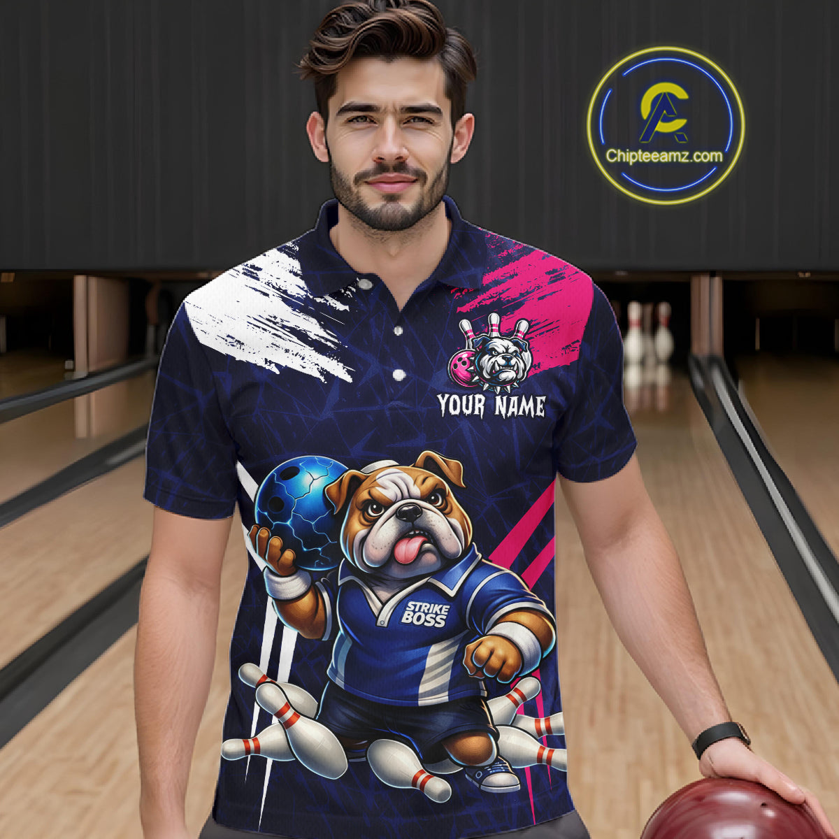 Personalized Funny Bulldog Bowling League Shirt Polo & 1/4 Zip Navy Bowling Jersey for Men QZT910