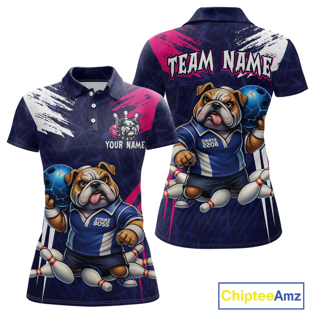 Personalized Funny Bulldog Bowling League Shirt Polo & 1/4 Zip Navy Bowling Jersey for Women QZT910