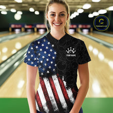 Load image into Gallery viewer, Person wearing a bowling shirt with American flag design in a bowling alley.