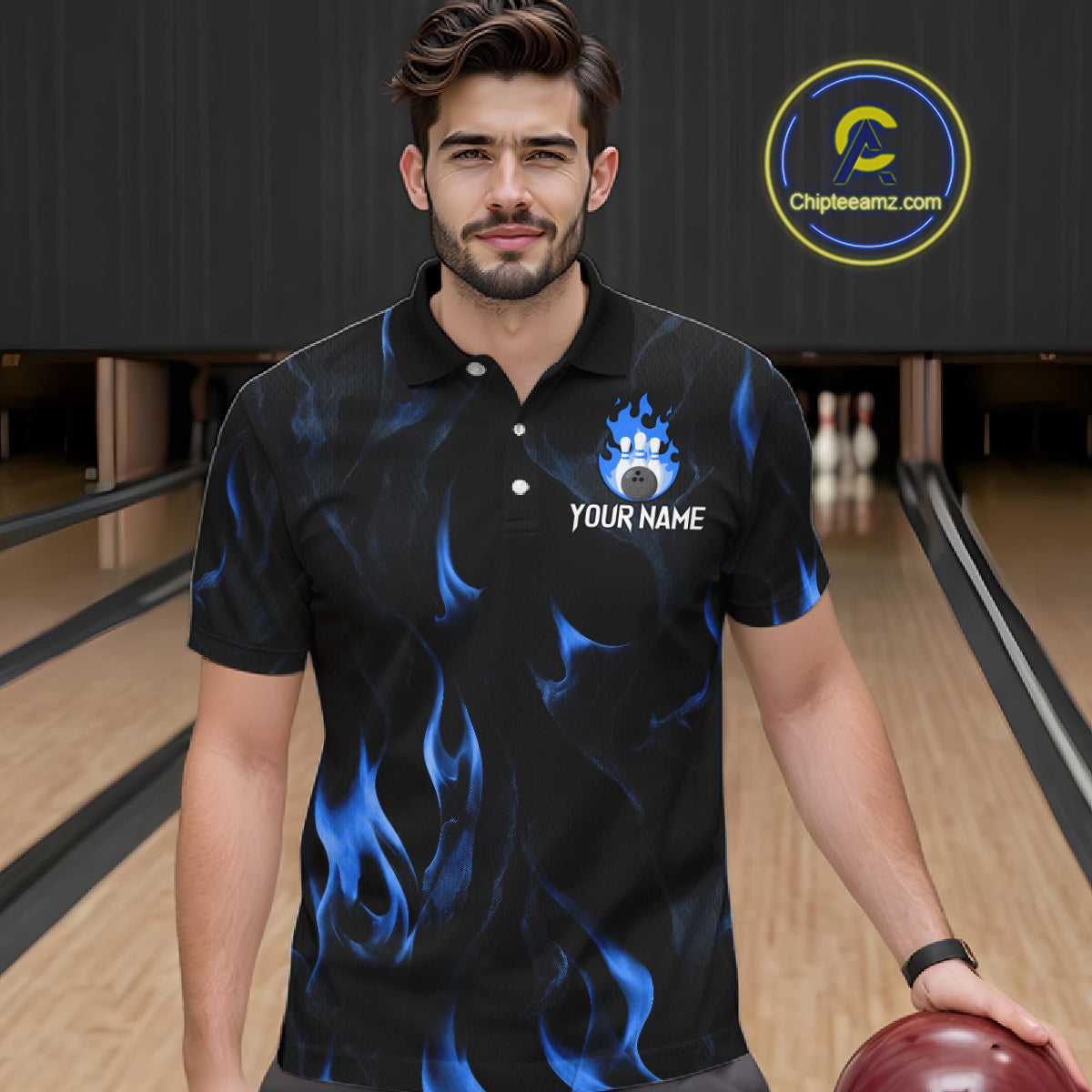 Custom Blue Flames Bowling Shirt for Men Bowling Team Jersey Bowling Outfit QZT1216