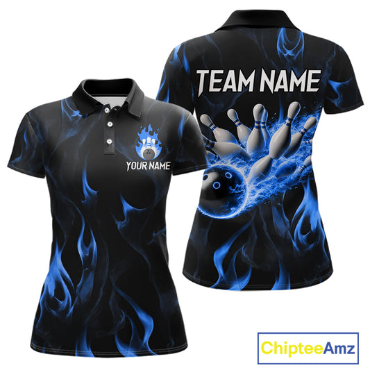 Custom Blue Flames Bowling Shirt for Women Bowling Team Jersey Bowling Outfit QZT1216
