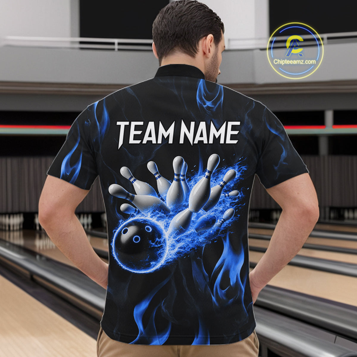 Custom Blue Flames Bowling Shirt for Men Bowling Team Jersey Bowling Outfit QZT1216