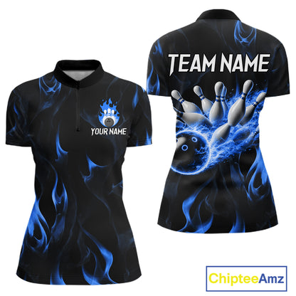 Custom Blue Flames Bowling Shirt for Women Bowling Team Jersey Bowling Outfit QZT1216
