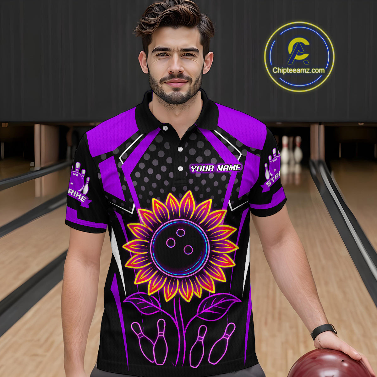 Purple Neon Lightning Sunflower Bowling Shirt for Men Custom Team Bowling Polo Bowling Jersey QZT771
