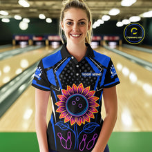 Load image into Gallery viewer, Blue Neon Lightning Sunflower Bowling Shirt for Women Custom Team Bowling Polo Bowling Jersey QZT771