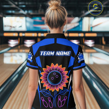 Load image into Gallery viewer, Blue Neon Lightning Sunflower Bowling Shirt for Women Custom Team Bowling Polo Bowling Jersey QZT771