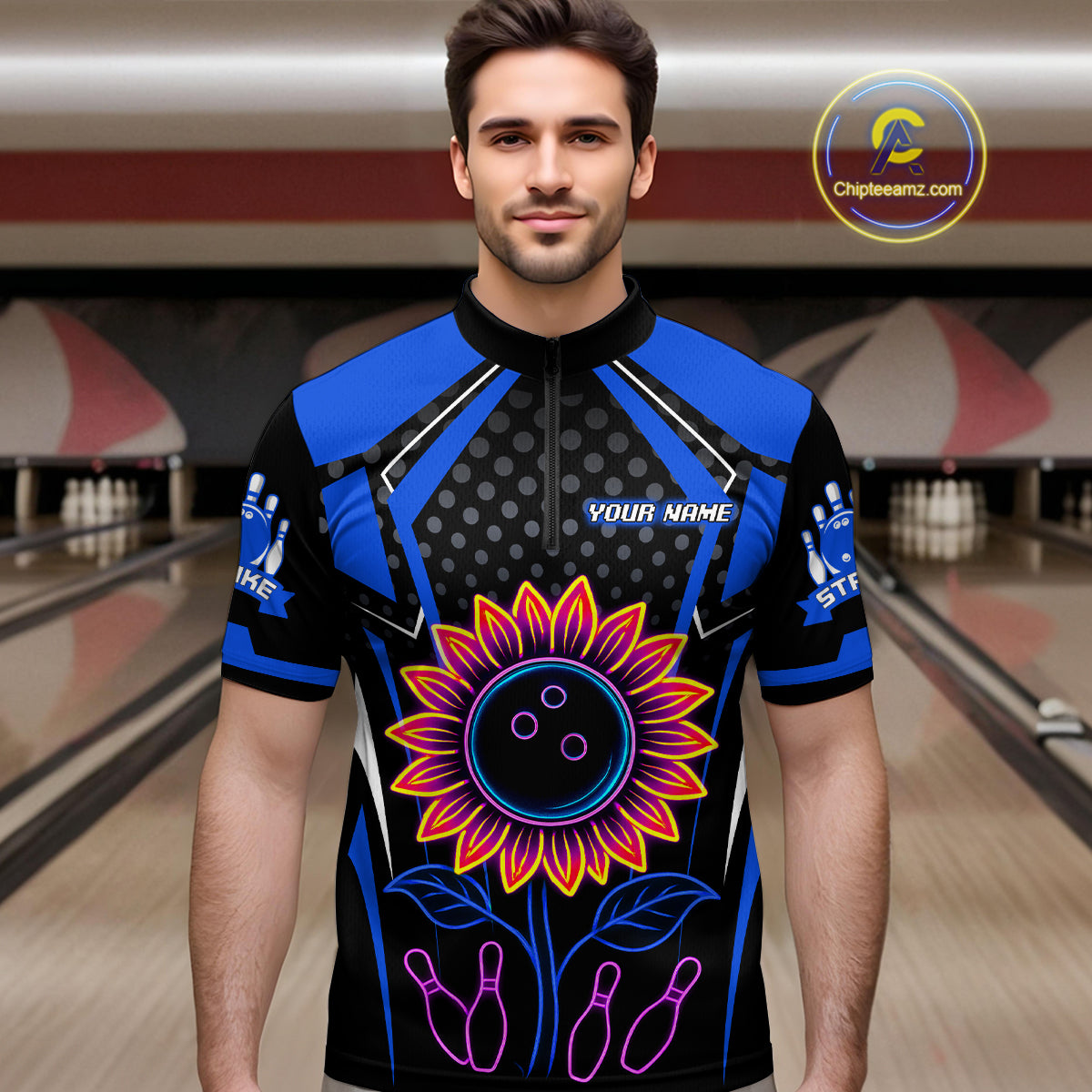Blue Neon Lightning Sunflower Bowling Shirt for Men Custom Team Bowling Polo Bowling Jersey QZT771