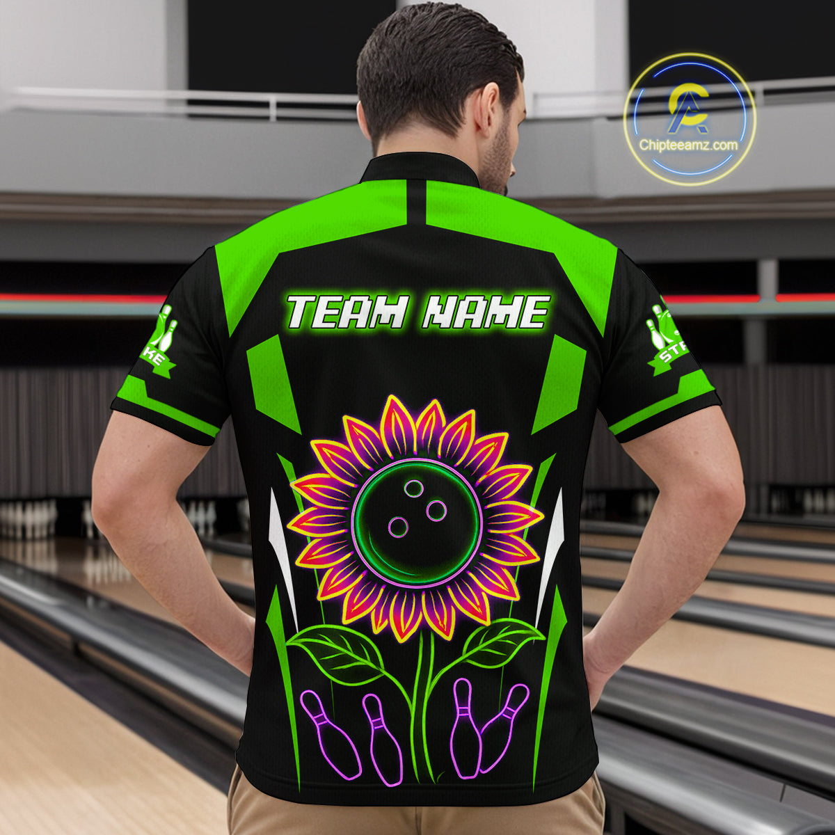 Green Neon Lightning Sunflower Bowling Shirt for Men Custom Team Bowling Polo Bowling Jersey QZT771