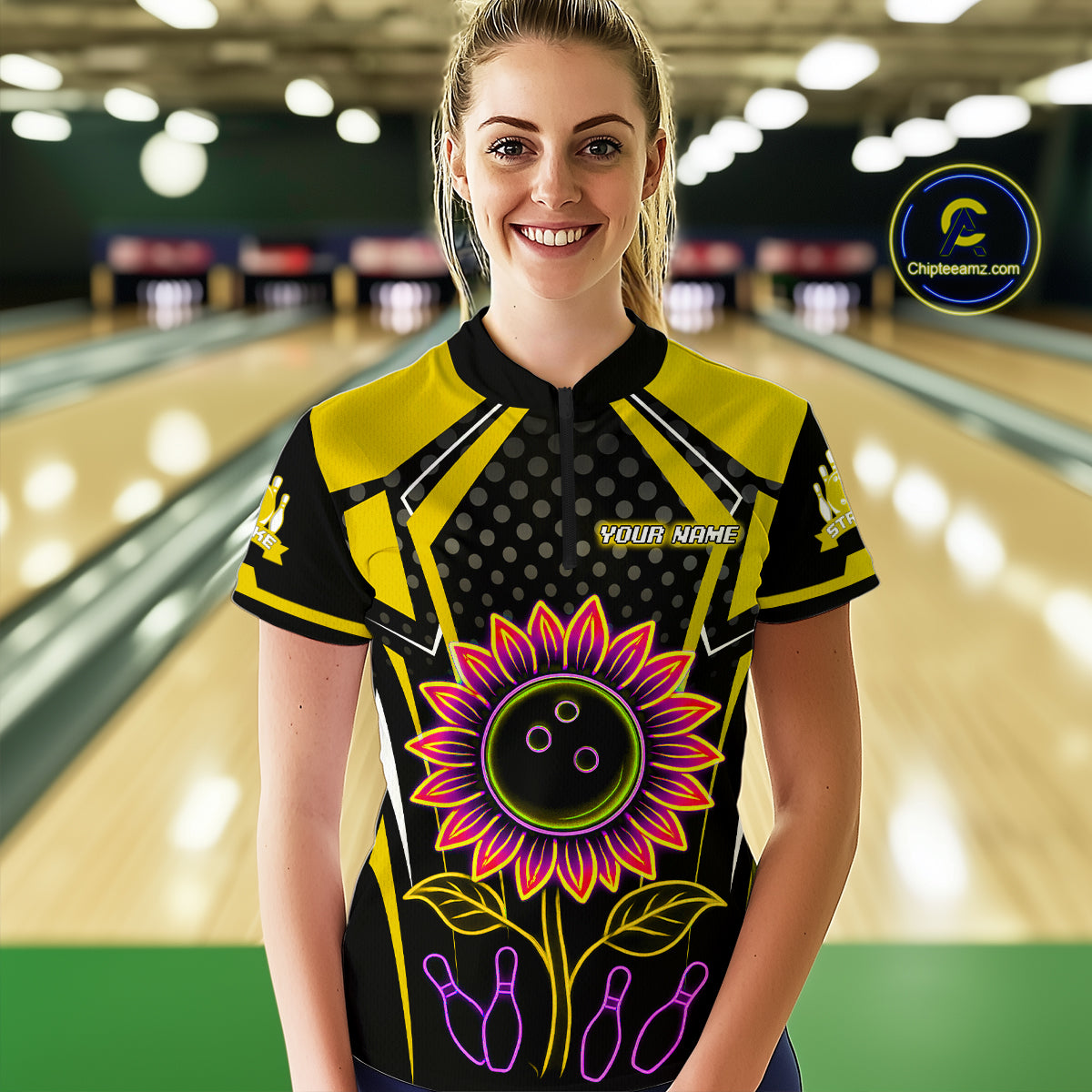 Yellow Neon Lightning Sunflower Bowling Shirt for Women Custom Team Bowling Jersey QZT771