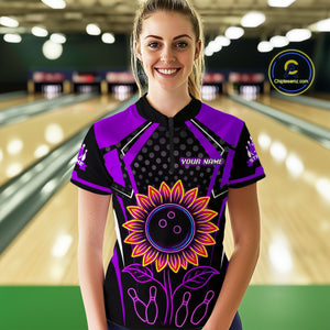 Purple Neon Lightning Sunflower Bowling Shirt for Women Custom Team Bowling Polo Bowling Jersey QZT771