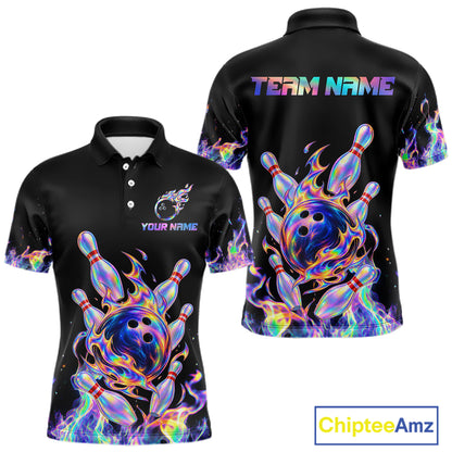 Custom Holographic Flames Bowling Shirt for Men Bowling League Jersey QZT1341