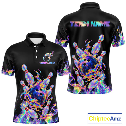 Custom Holographic Flames Bowling Shirt for Men Bowling League Jersey QZT1341