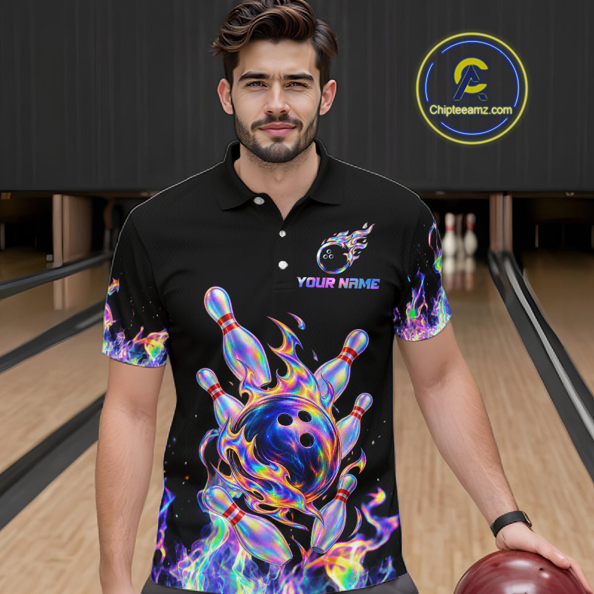 Custom Holographic Flames Bowling Shirt for Men Bowling League Jersey QZT1341