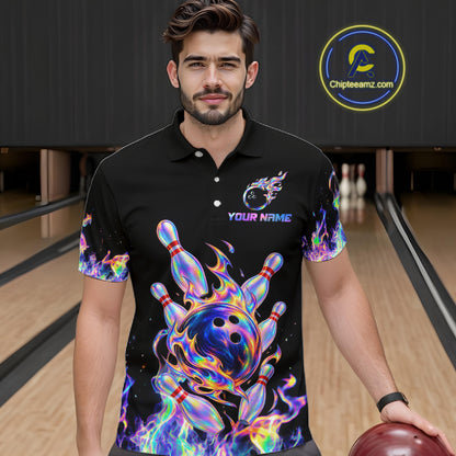 Custom Holographic Flames Bowling Shirt for Men Bowling League Jersey QZT1341