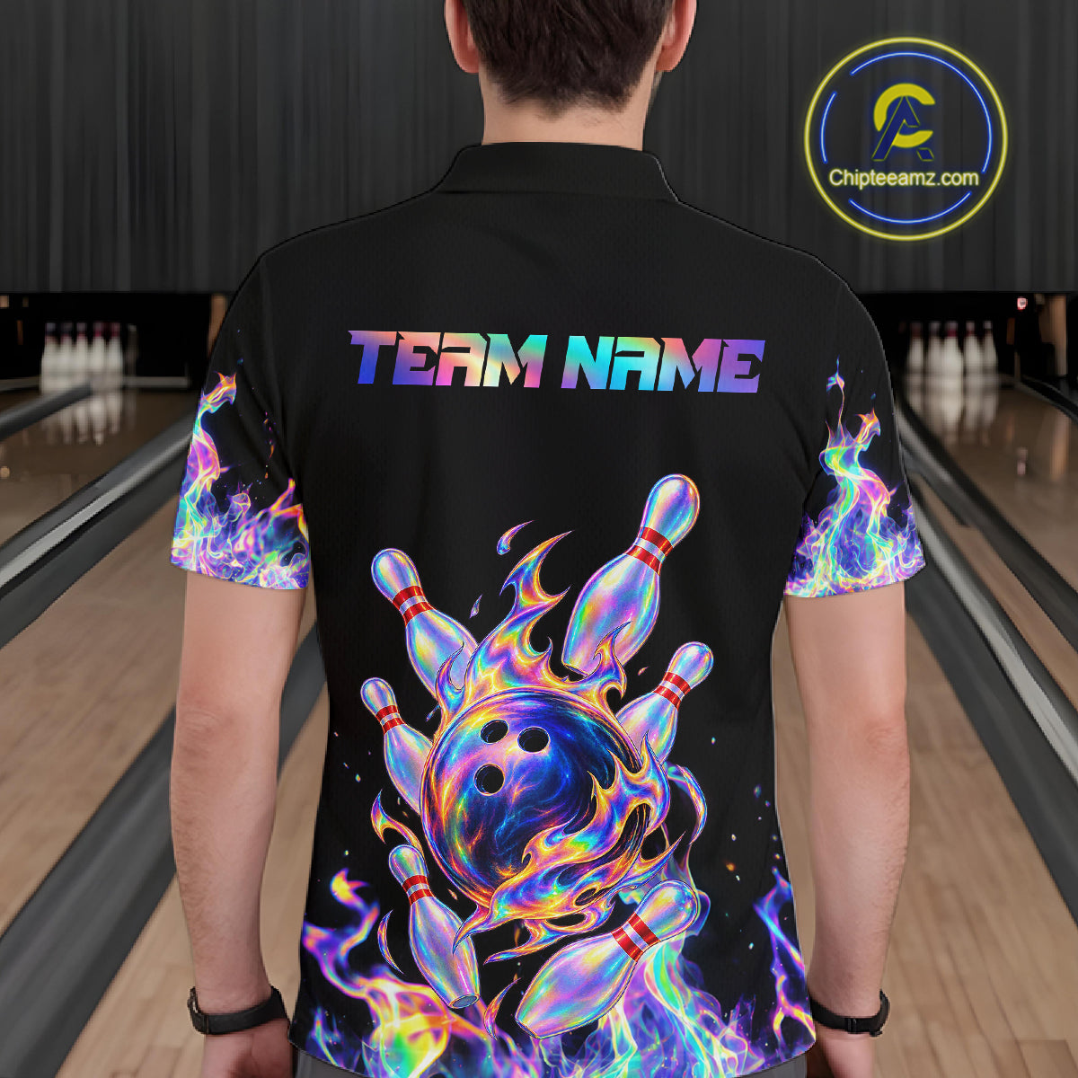 Custom Holographic Flames Bowling Shirt for Men Bowling League Jersey QZT1341