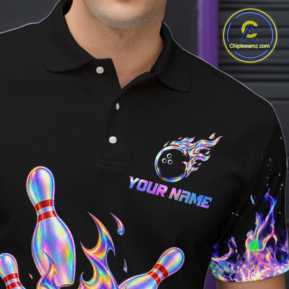 Custom Holographic Flames Bowling Shirt for Men Bowling League Jersey QZT1341