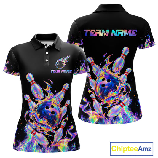 Custom Holographic Flames Bowling Shirt for Women Bowling League Jersey QZT1341