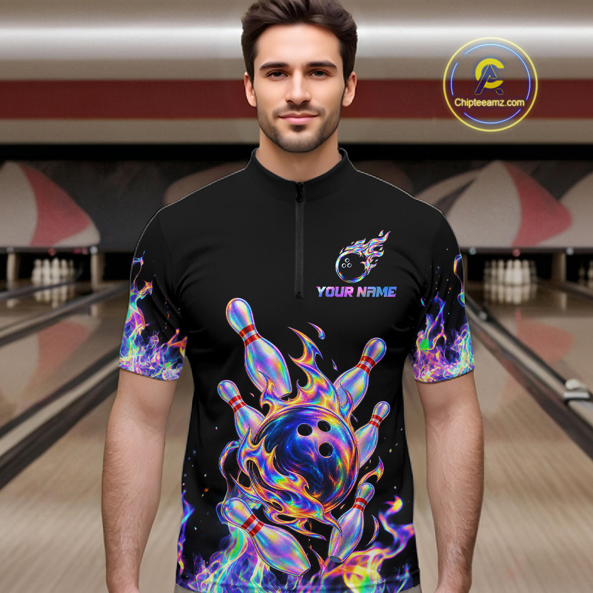 Custom Holographic Flames Bowling Shirt for Men Bowling League Jersey QZT1341