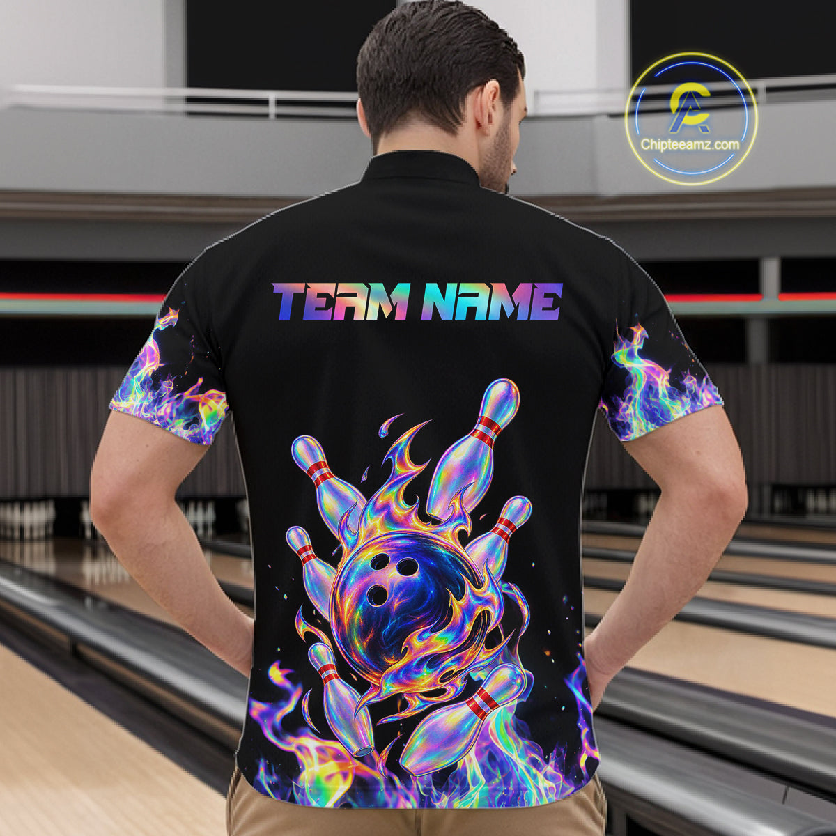 Custom Holographic Flames Bowling Shirt for Men Bowling League Jersey QZT1341