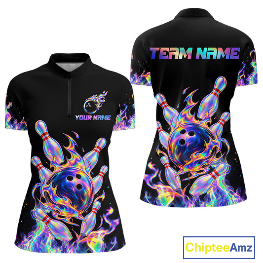 Custom Holographic Flames Bowling Shirt for Women Bowling League Jersey QZT1341