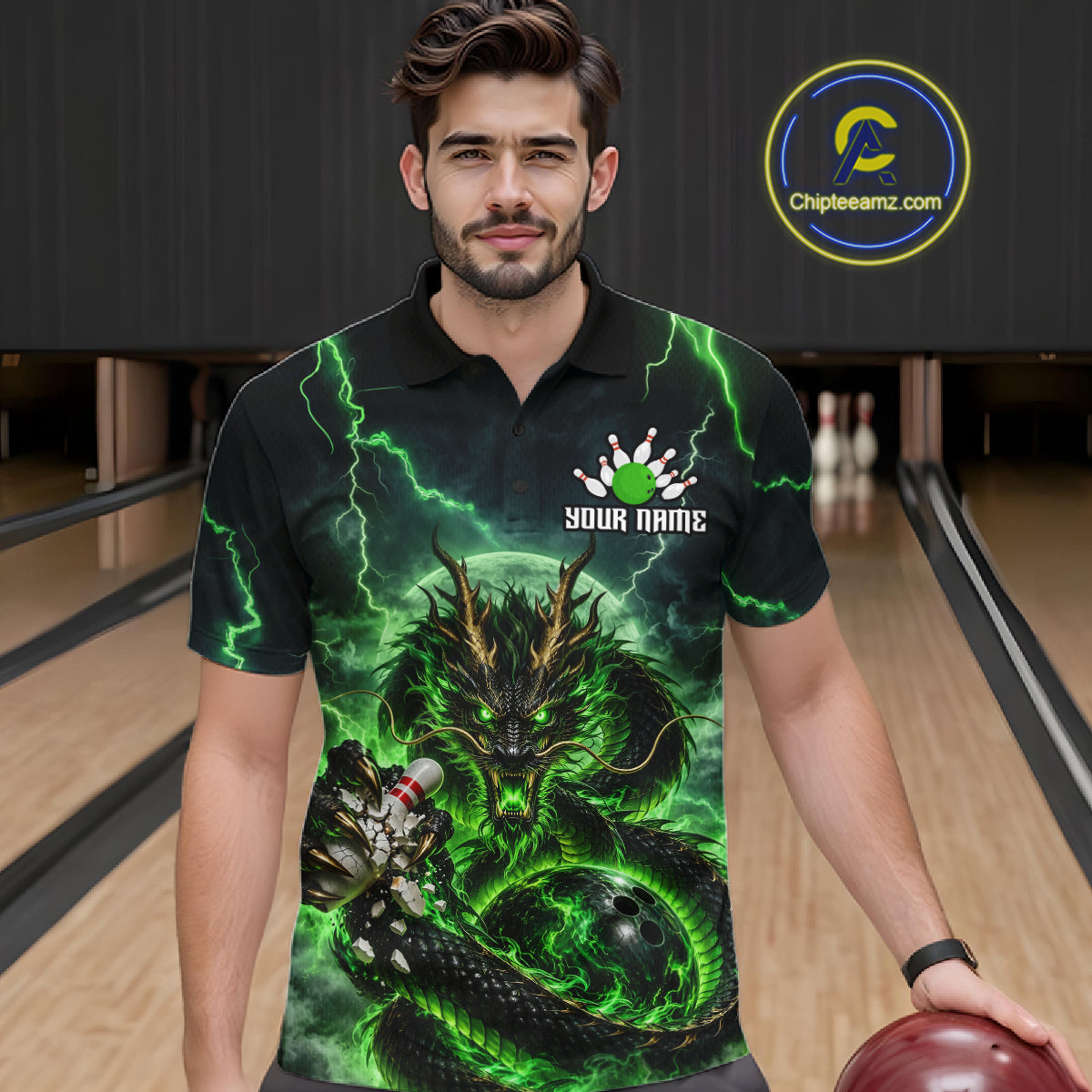Green Thunder Lightning Dragon Bowling Shirt for Men Custom Team Bowling Jersey Polo & Quarter-Zip QZT1363