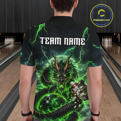 Green Thunder Lightning Dragon Bowling Shirt for Men Custom Team Bowling Jersey Polo & Quarter-Zip QZT1363