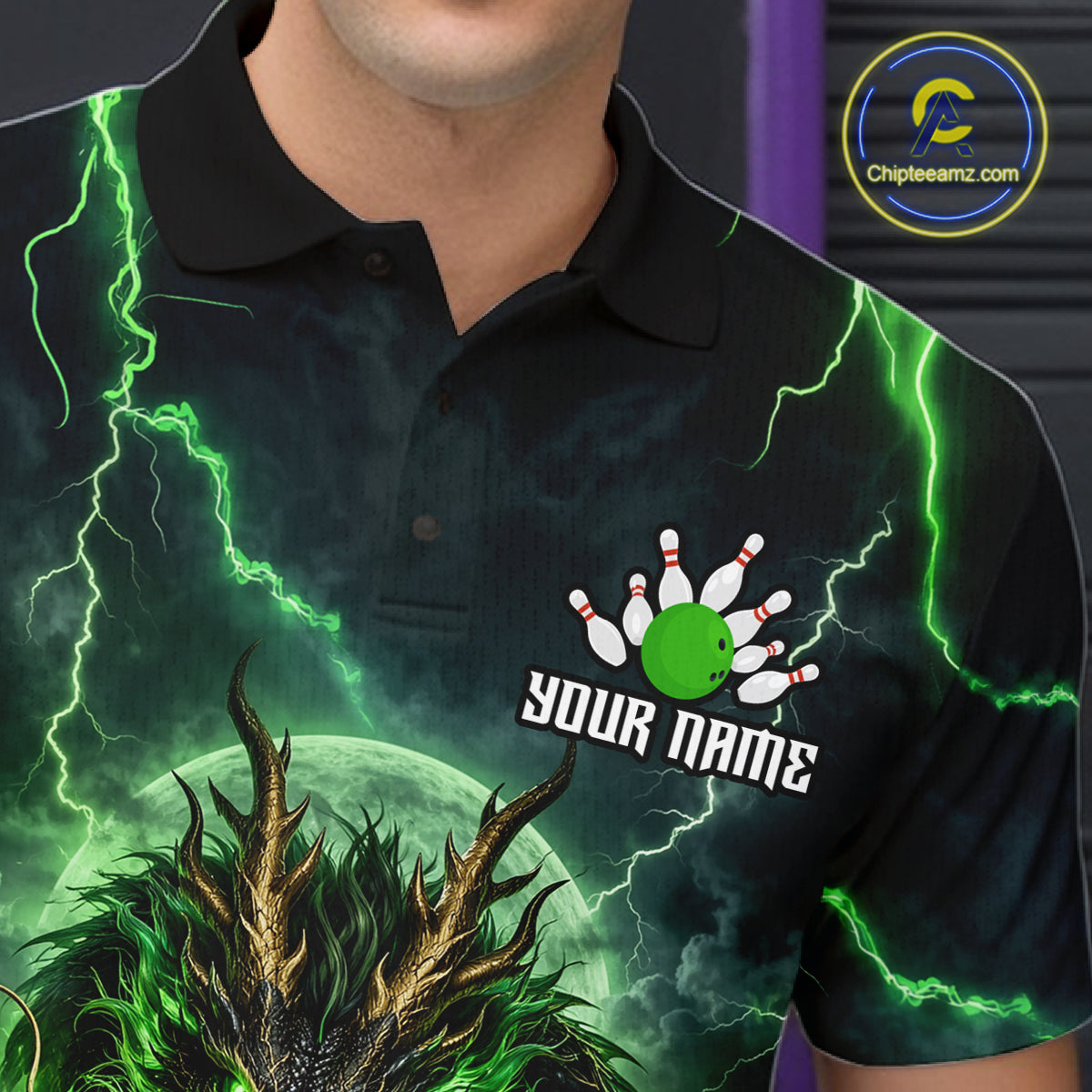Green Thunder Lightning Dragon Bowling Shirt for Men Custom Team Bowling Jersey Polo & Quarter-Zip QZT1363