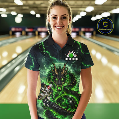 Green Thunder Lightning Dragon Bowling Shirt for Women Custom Team Bowling Jersey Polo & Quarter-Zip QZT1363
