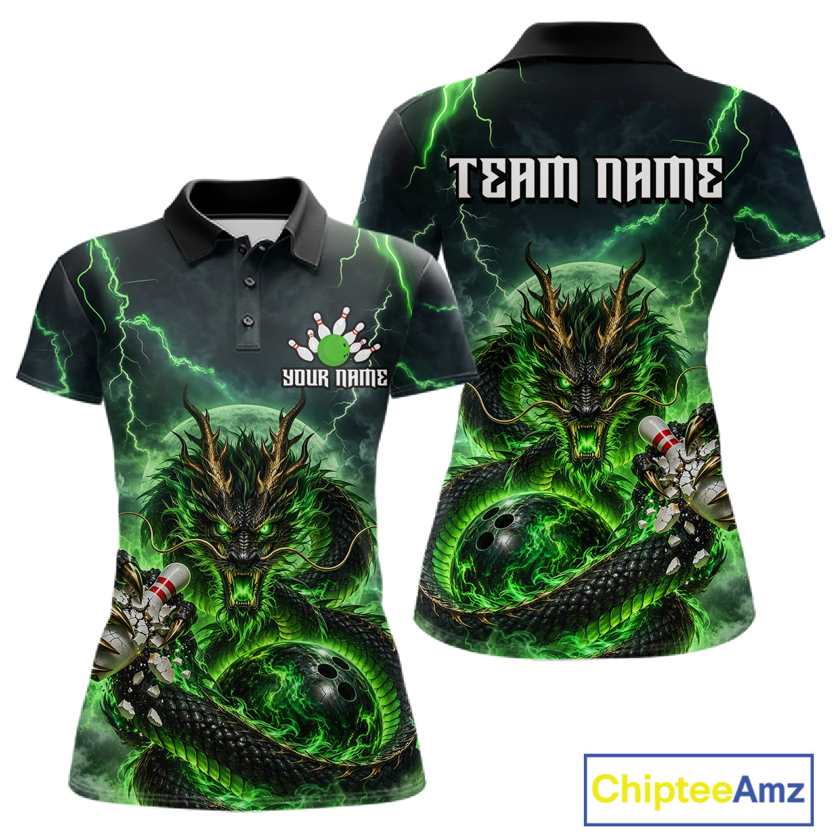 Green Thunder Lightning Dragon Bowling Shirt for Women Custom Team Bowling Jersey Polo & Quarter-Zip QZT1363