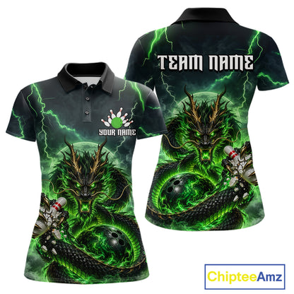 Green Thunder Lightning Dragon Bowling Shirt for Women Custom Team Bowling Jersey Polo & Quarter-Zip QZT1363
