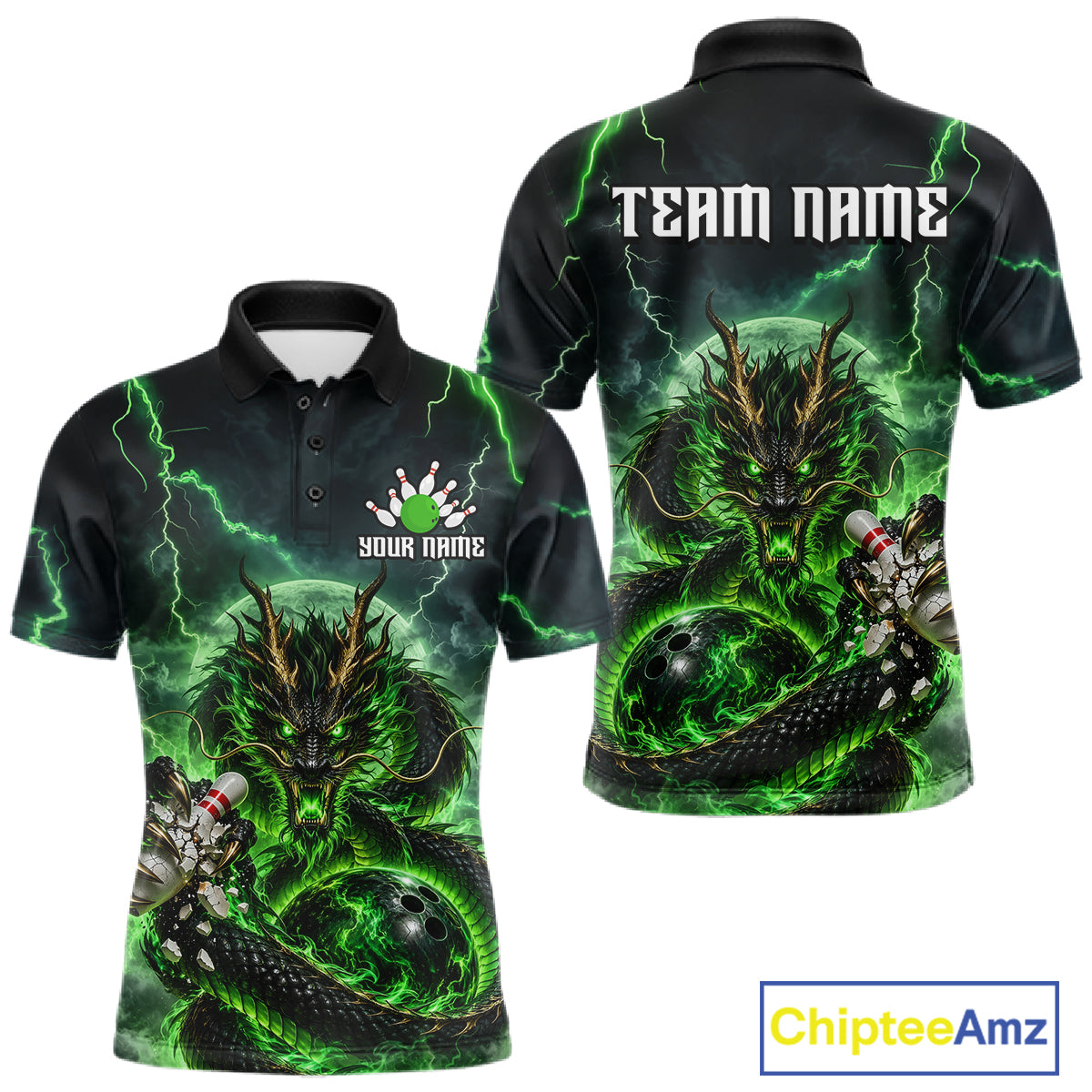 Green Thunder Lightning Dragon Bowling Shirt for Men Custom Team Bowling Jersey Polo & Quarter-Zip QZT1363
