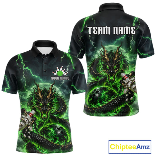 Green Thunder Lightning Dragon Bowling Shirt for Men Custom Team Bowling Jersey Polo & Quarter-Zip QZT1363