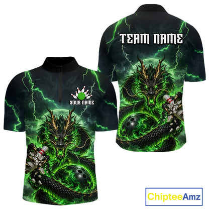 Green Thunder Lightning Dragon Bowling Shirt for Men Custom Team Bowling Jersey Polo & Quarter-Zip QZT1363