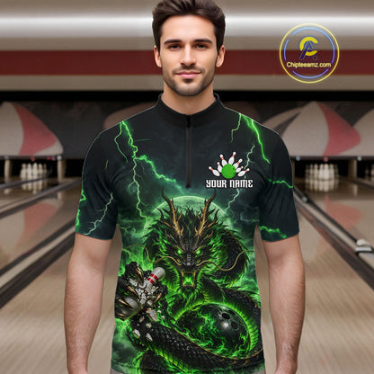 Green Thunder Lightning Dragon Bowling Shirt for Men Custom Team Bowling Jersey Polo & Quarter-Zip QZT1363